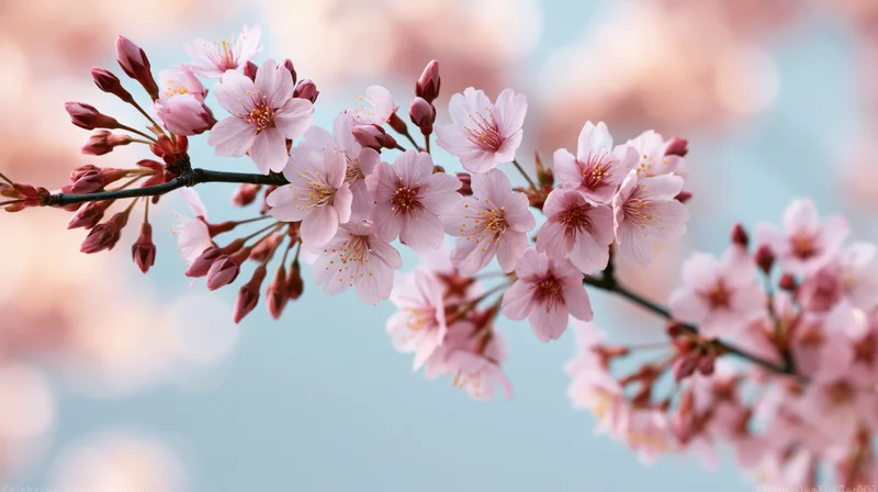 Cherry blossom branch with soft pink flowers in bloom against a blurred sky background