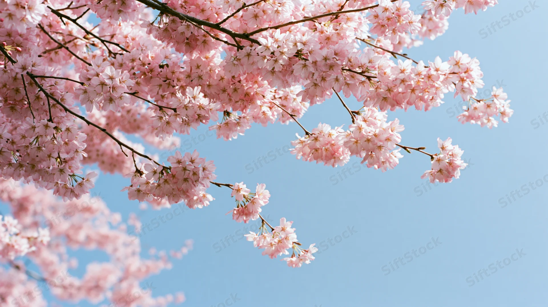 Cherry blossom branches in full bloom against a clear blue sky