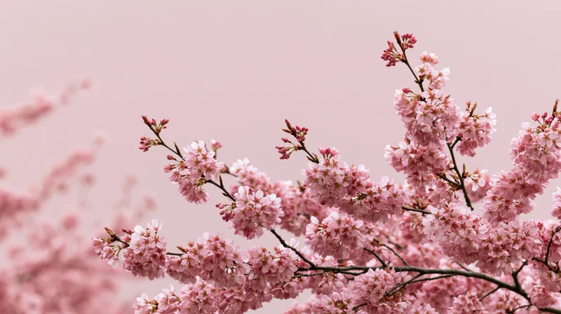 Cherry blossom branches in full bloom against a soft pink sky