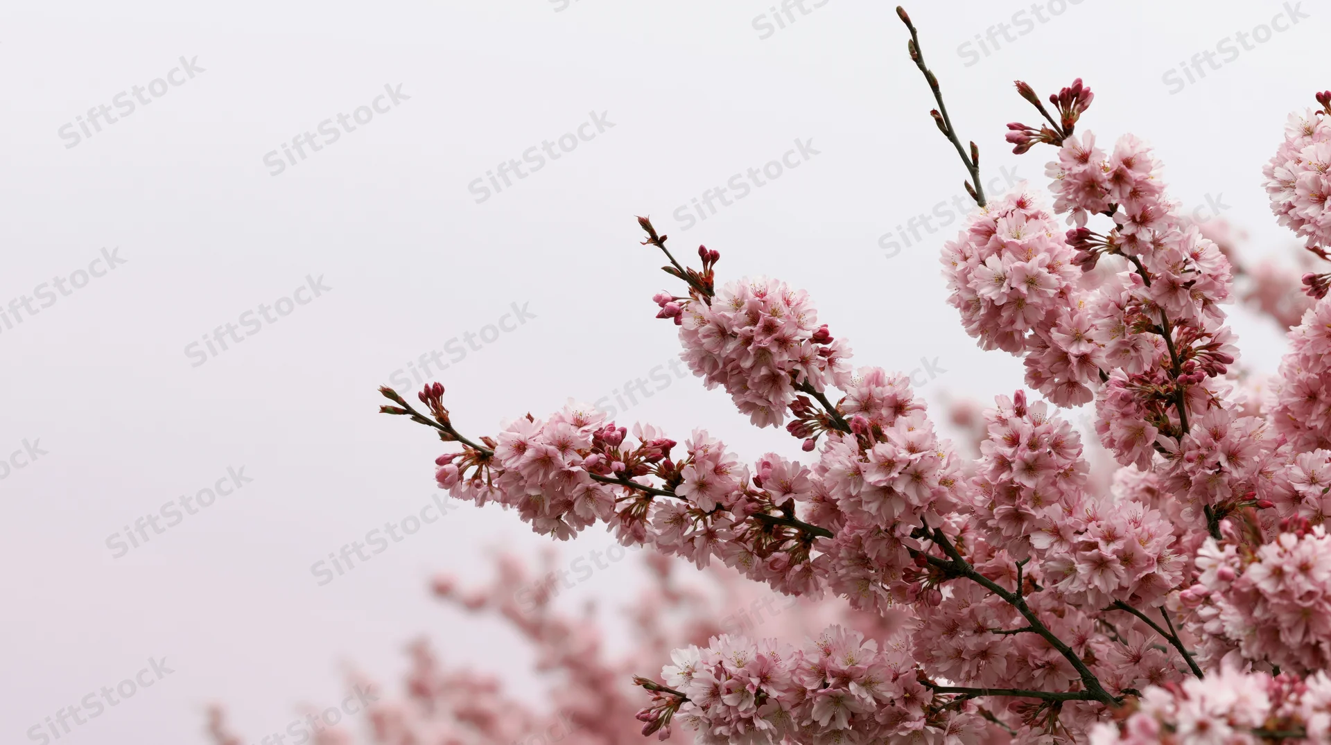 Cherry blossom branches in full bloom against a soft sky with copyspace on the left
