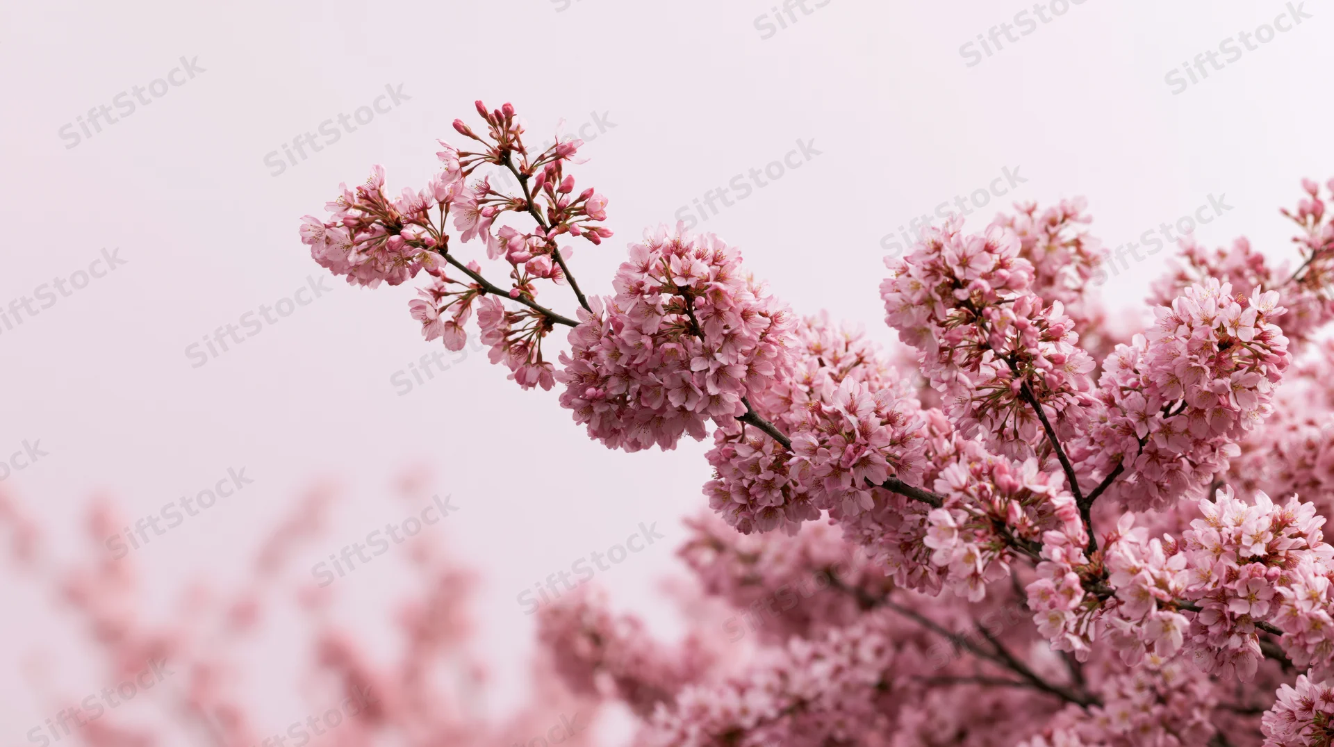 Cherry blossom branches in full bloom against a soft pink sky