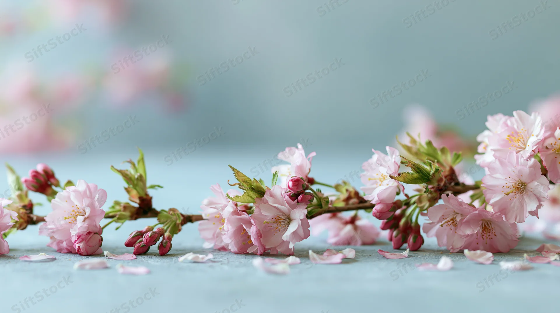 Cherry blossom branches with soft pink flowers and green leaves arranged on a light blue surface