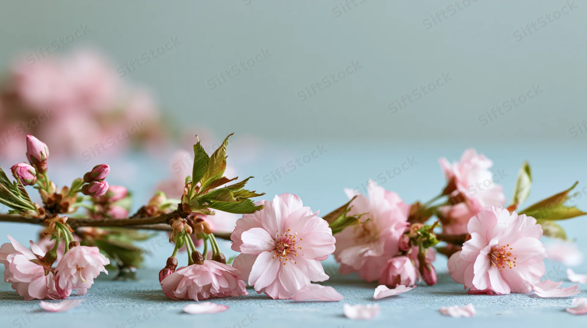 Cherry blossom branches with soft pink flowers and fresh green leaves arranged on a light blue surface