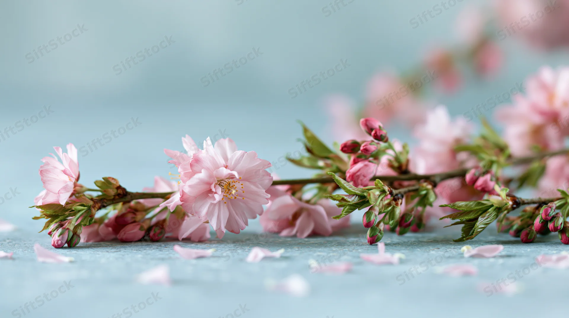Cherry blossom branch with soft pink flowers and green leaves lying on a light blue surface