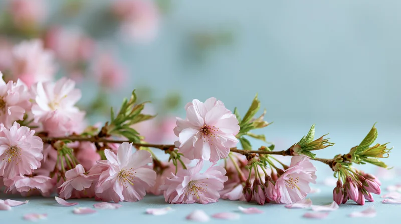 Cherry blossom branches with soft pink flowers and fresh green leaves arranged on a light blue surface