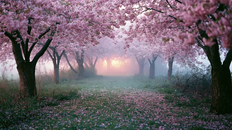 Cherry blossom trees forming a natural tunnel over a pathway in a grove at dawn