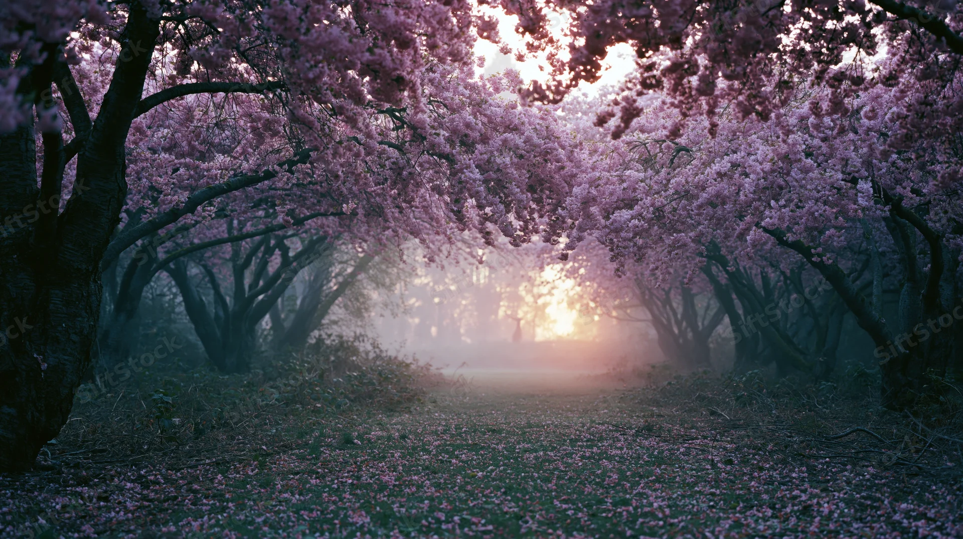 Cherry blossom trees forming a natural tunnel over a pathway with petals drifting in the air at dawn