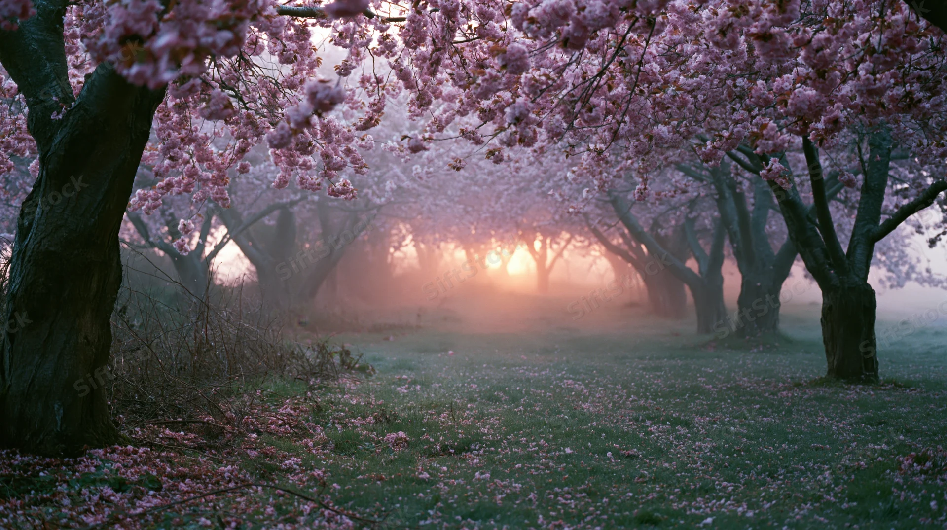 Cherry blossom trees forming a natural tunnel with petals drifting in mist at sunrise