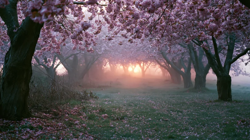 Cherry blossom trees forming a natural tunnel with petals drifting in mist at sunrise