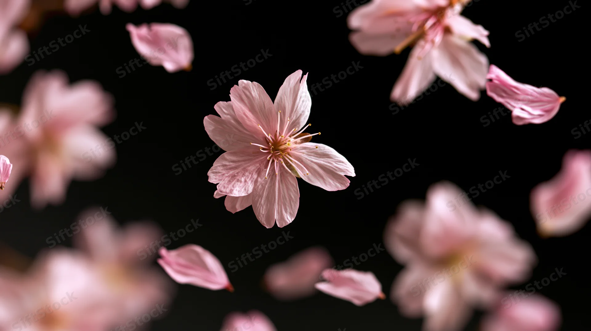 Cherry blossoms and petals floating suspended against a black background