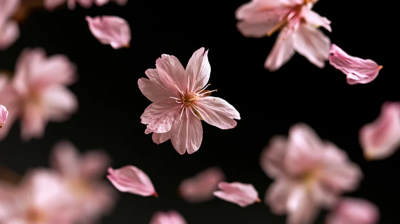 Cherry blossoms and petals floating suspended against a black background