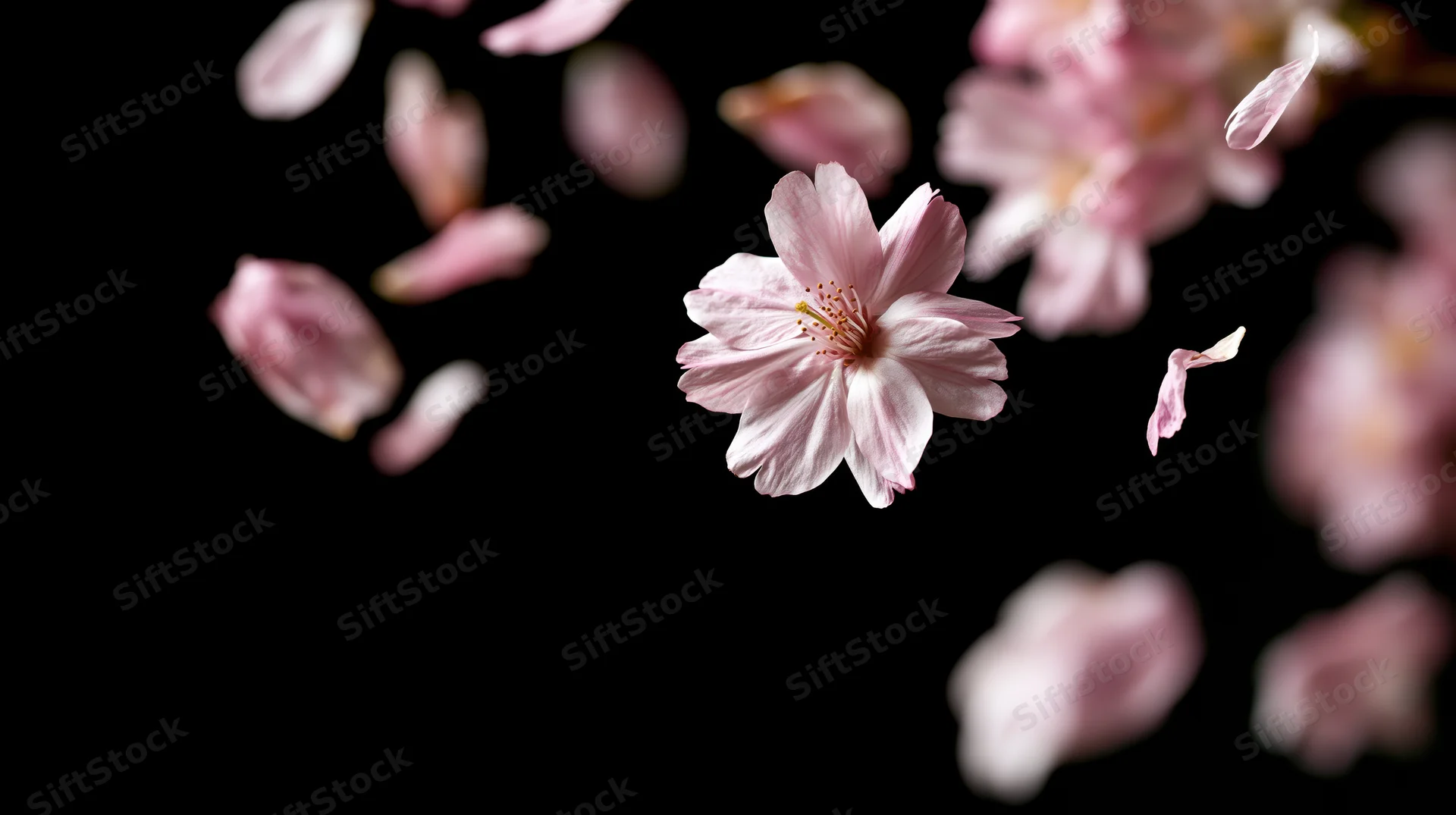 Cherry blossom petals and flowers floating suspended against a black background
