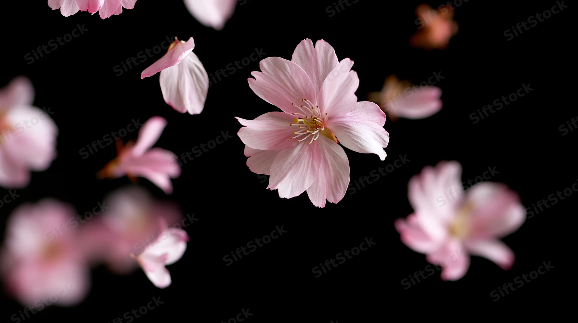 Cherry blossoms floating suspended against a black background