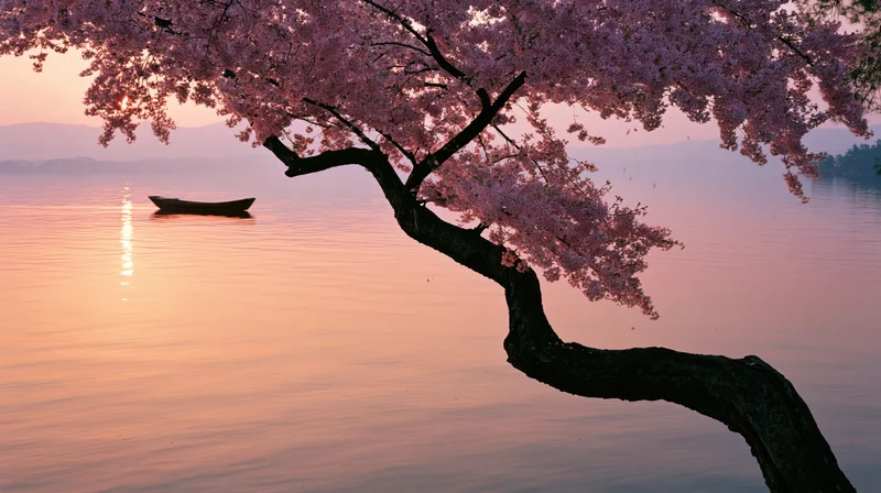 Cherry blossom tree leaning over calm lake at sunset with reflection in water