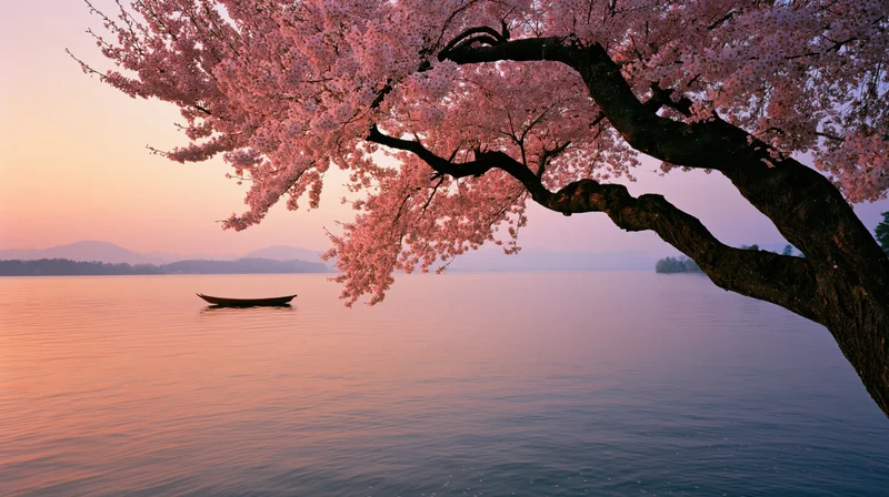 Cherry blossom tree leaning over calm lake at sunset with small boat in distance