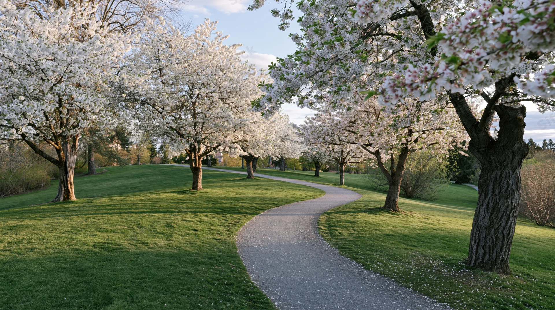 Cherry blossom trees in full bloom lining a winding gravel path through a green park in spring