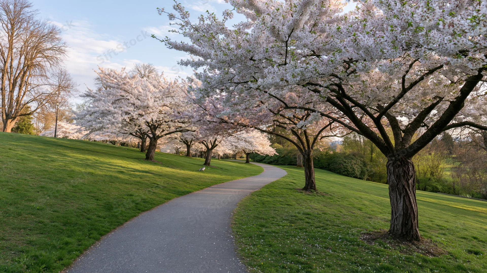 Cherry blossom trees in full bloom lining a winding paved path through a green park