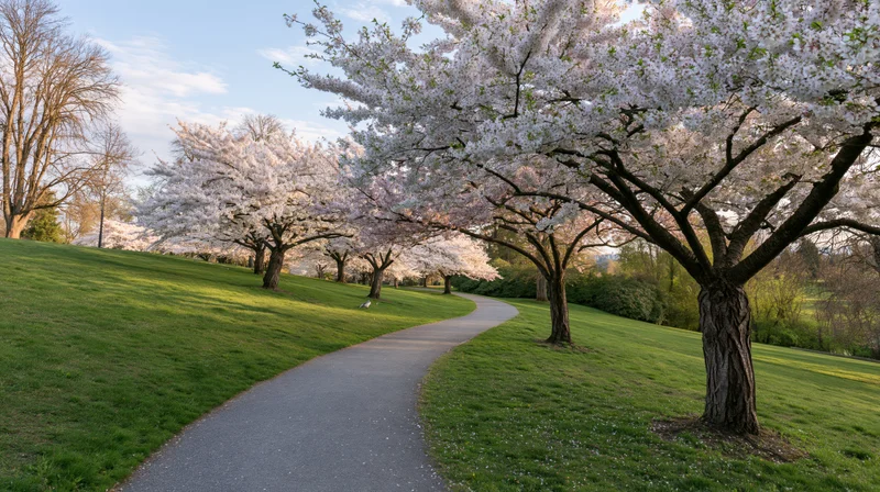 Cherry blossom trees in full bloom lining a winding paved path through a green park