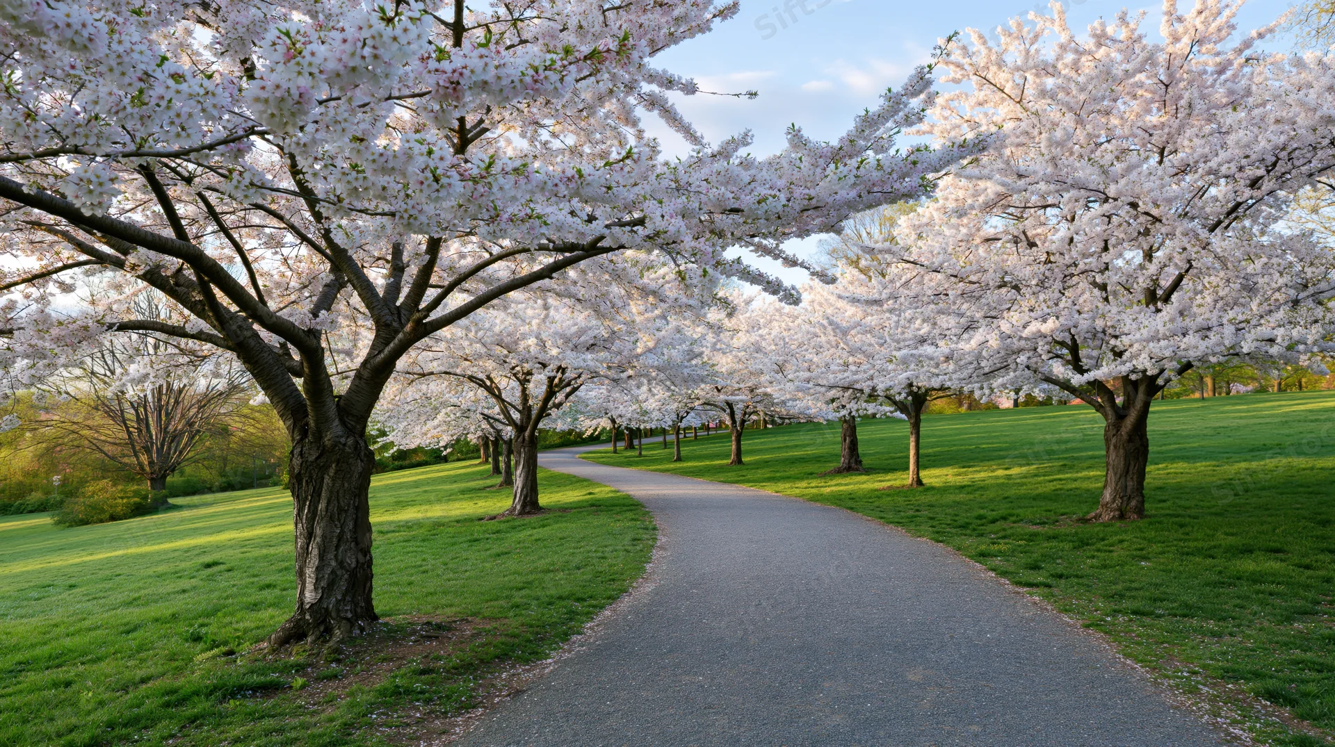 Cherry blossom trees in full bloom lining a winding gravel path through a green park