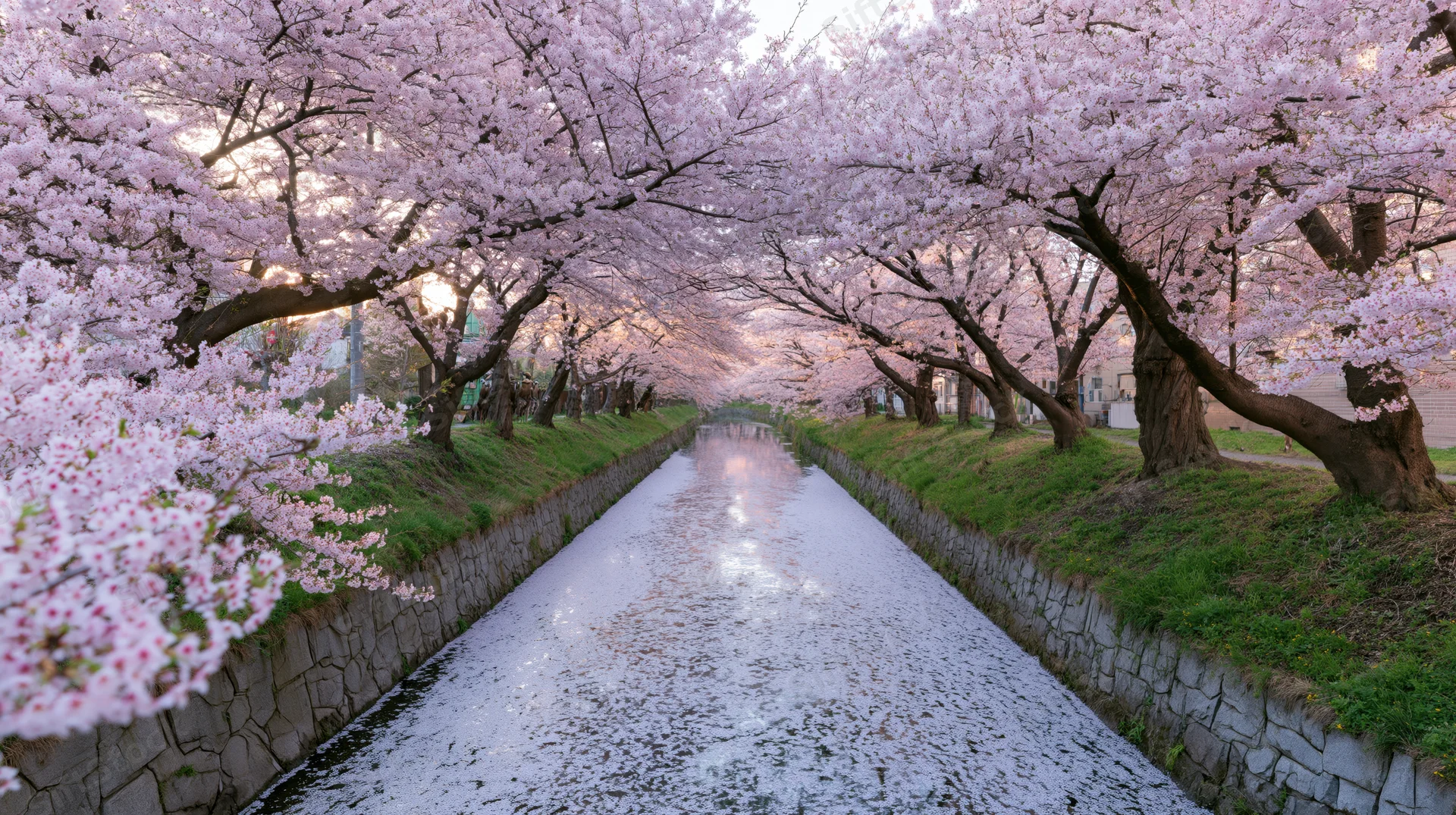 Cherry blossom trees lining a narrow urban canal with petals floating on the water