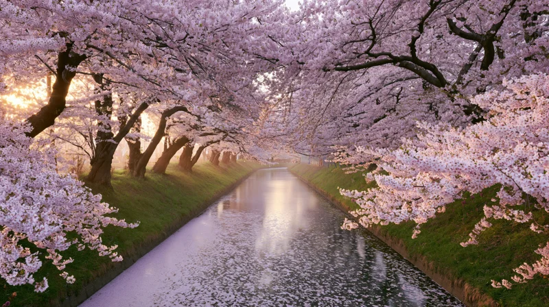 Cherry blossom trees in full bloom lining a narrow canal with sunlight filtering through branches at dawn