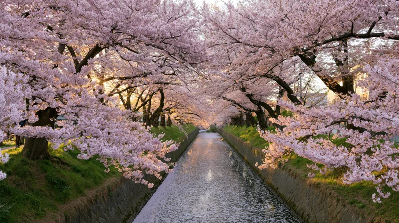 Cherry blossom trees in full bloom lining a narrow canal in an urban park during spring