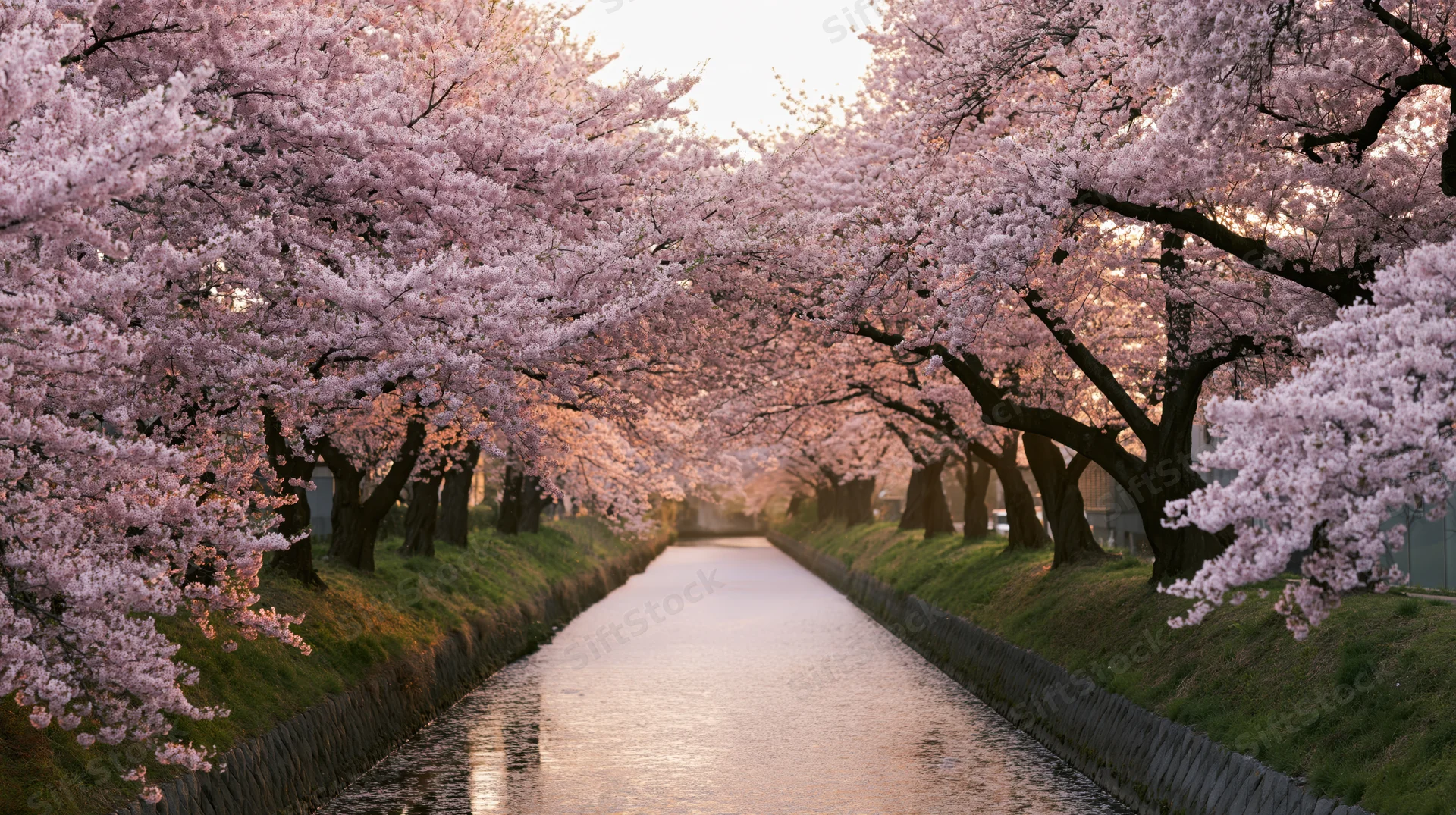 Cherry blossom trees in full bloom lining a narrow urban canal with reflections in the water