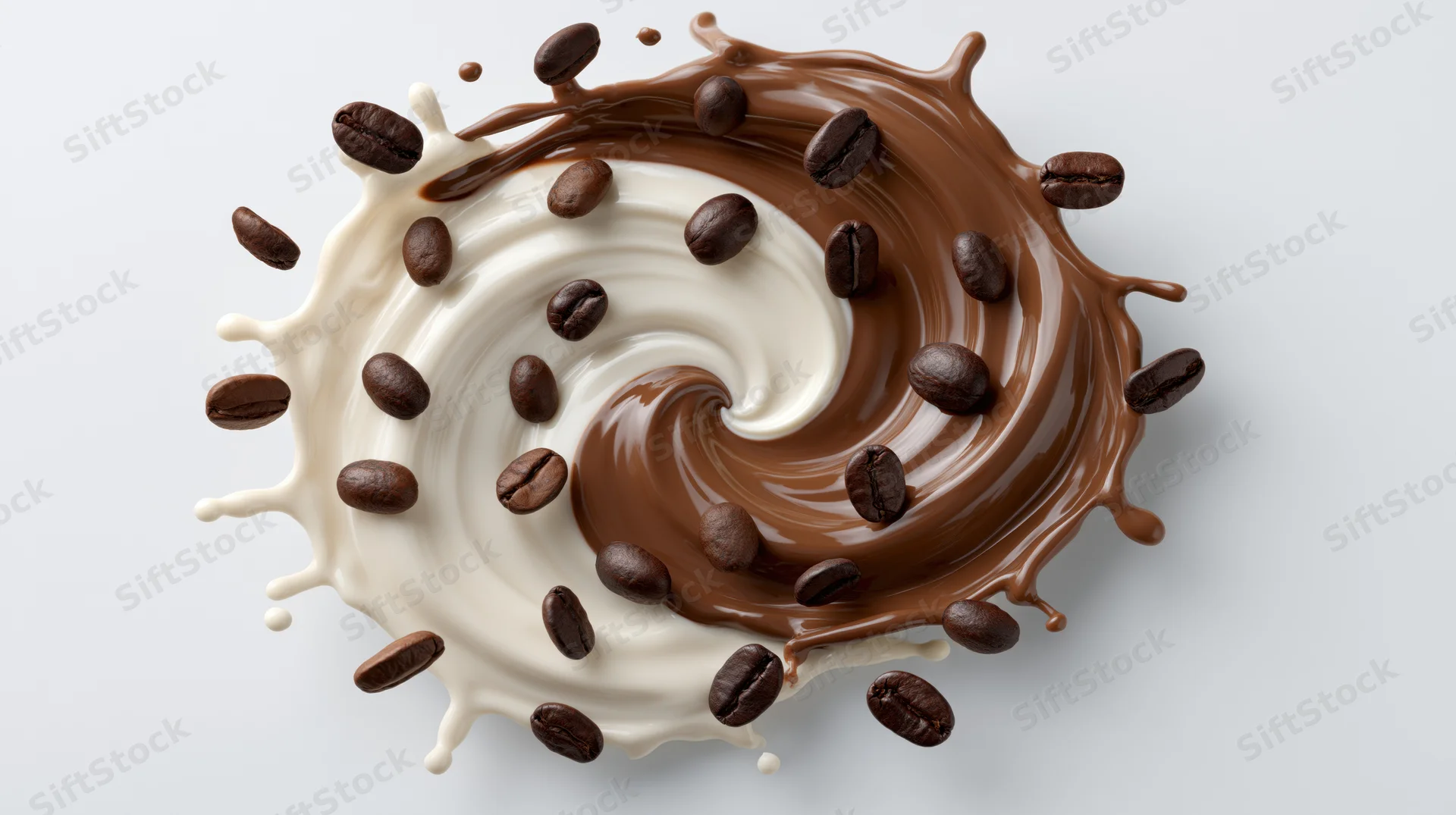 Chocolate and cream liquids swirling with coffee beans in mid-splash on white background