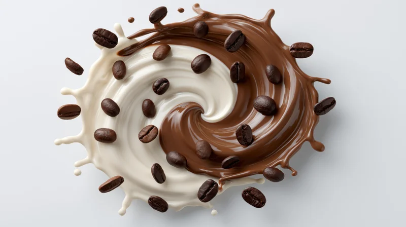 Chocolate and cream liquids swirling with coffee beans in mid-splash on white background