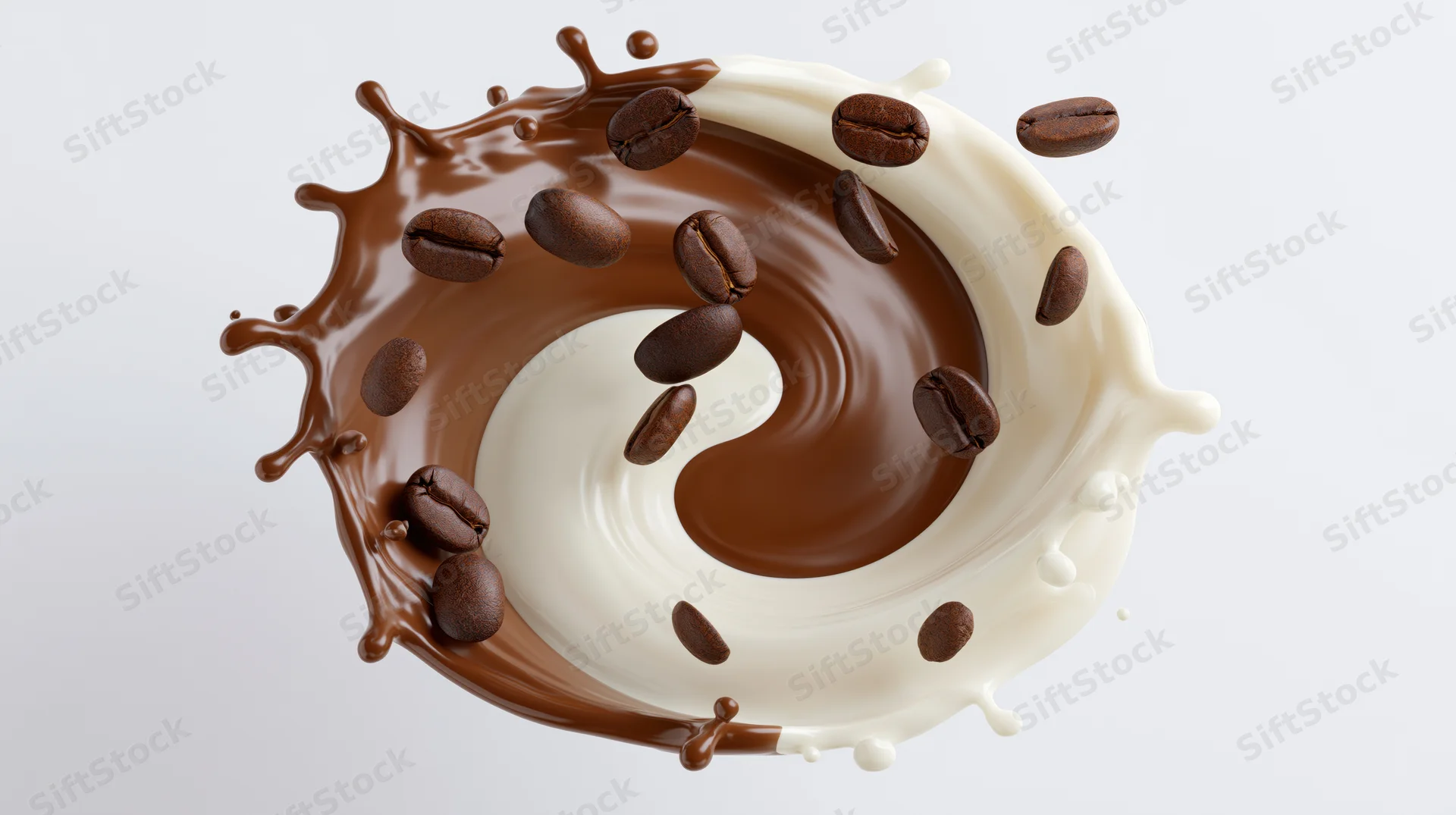 Chocolate and cream liquids swirling mid-splash with coffee beans floating around on white background
