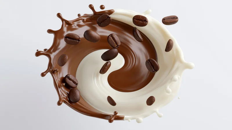 Chocolate and cream liquids swirling mid-splash with coffee beans floating around on white background