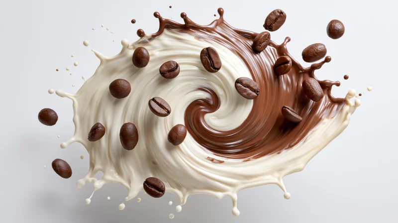 Chocolate and cream liquids mid-splash forming a swirling pattern with coffee beans suspended in air against a white background