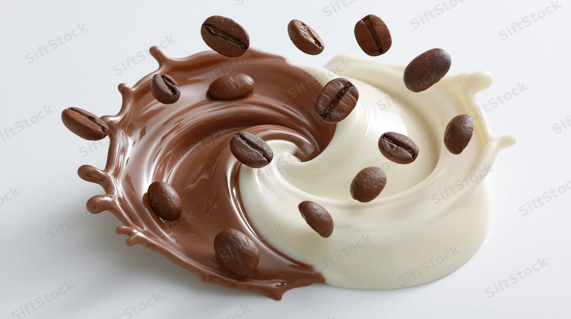 Chocolate and cream liquids mid-splash forming a swirling yin yang pattern with coffee beans floating above on white background