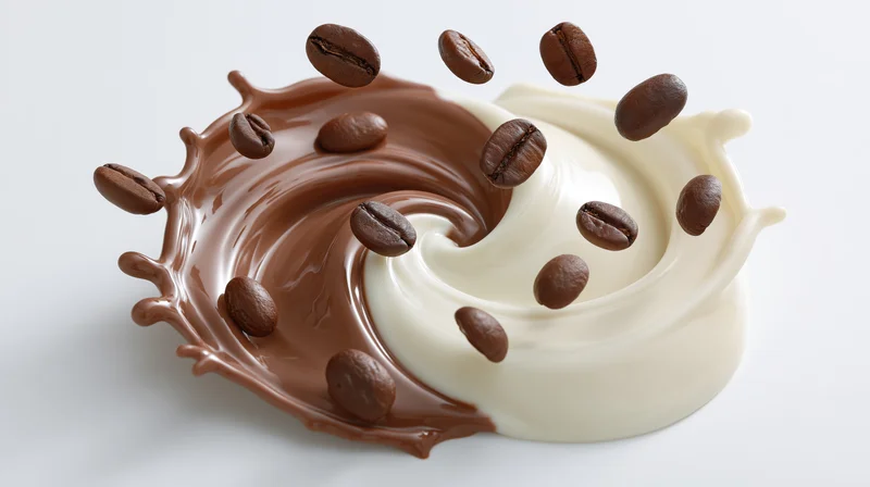Chocolate and cream liquids mid-splash forming a swirling yin yang pattern with coffee beans floating above on white background