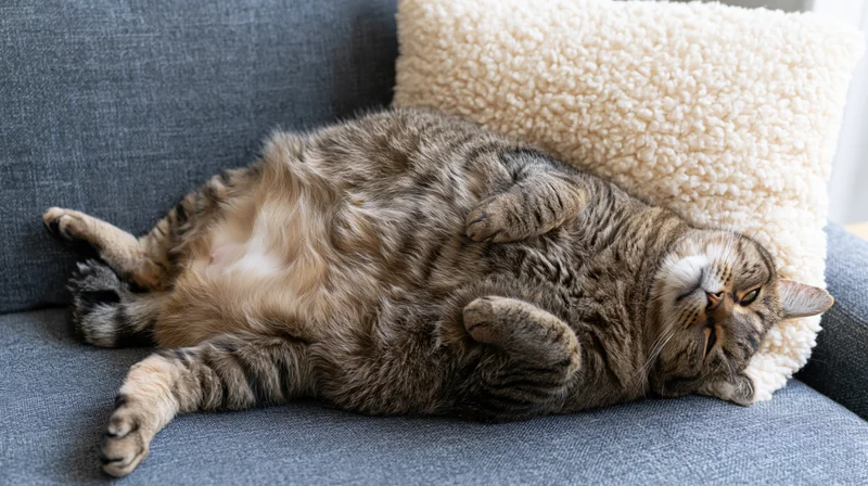 Chubby tabby cat lying on its back on a grey-blue fabric sofa with a fluffy beige pillow