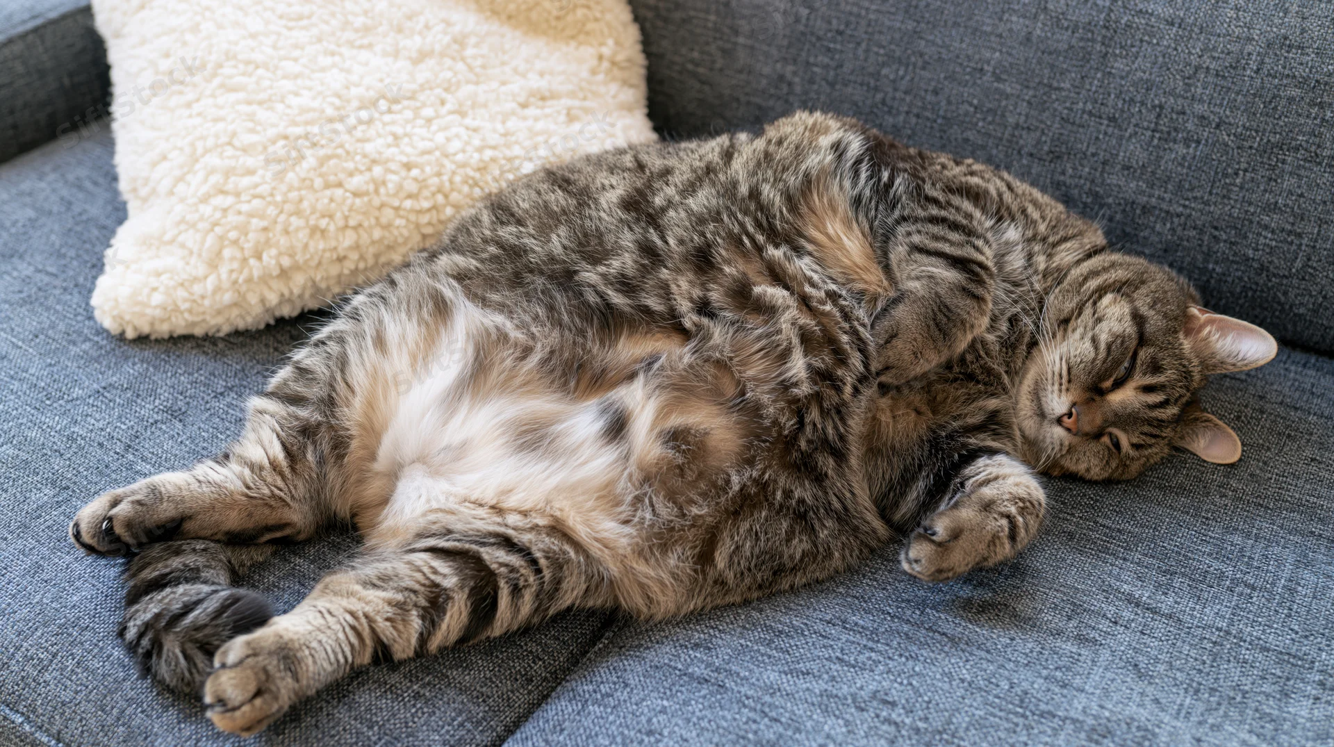 Chubby tabby cat sleeping on its back on a grey-blue fabric couch