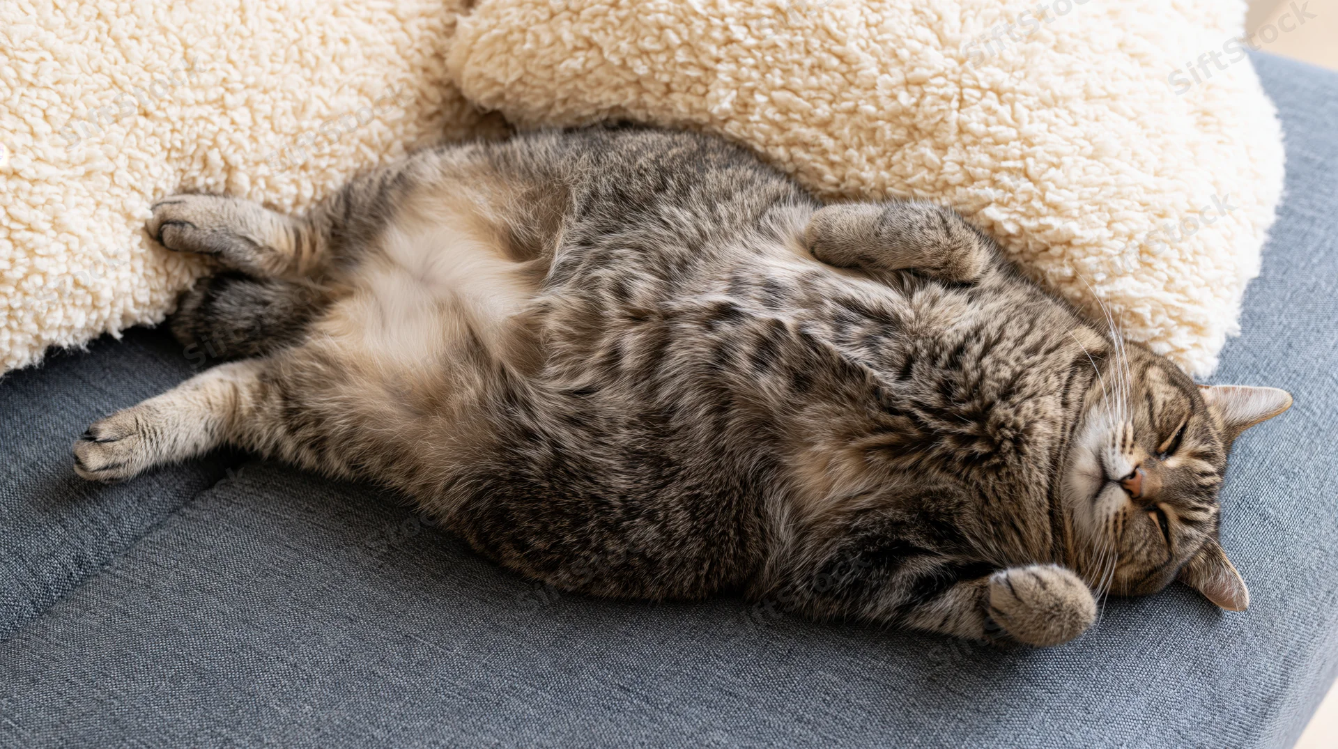 Chubby tabby cat lying on its back asleep on a grey-blue fabric couch with a beige fluffy cushion