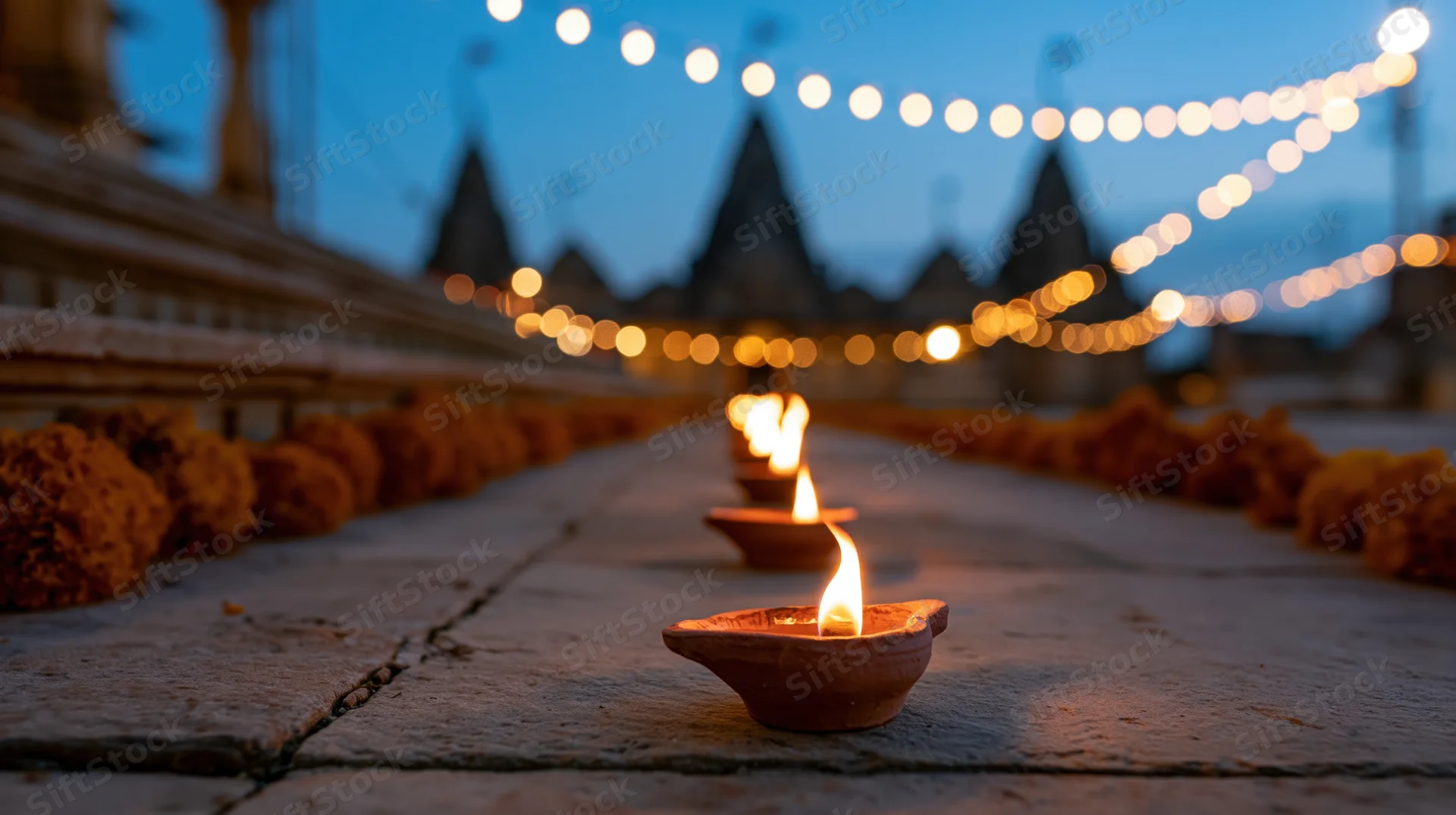 Clay diya oil lamps burning in a row on ancient stone temple steps at twilight