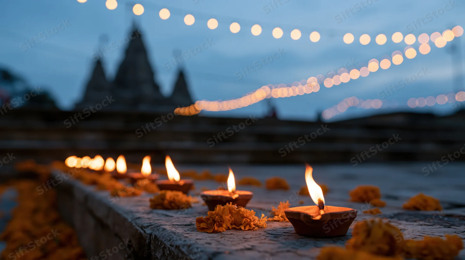 Clay oil lamps burning on ancient stone temple steps at twilight with marigold flowers and string lights in background