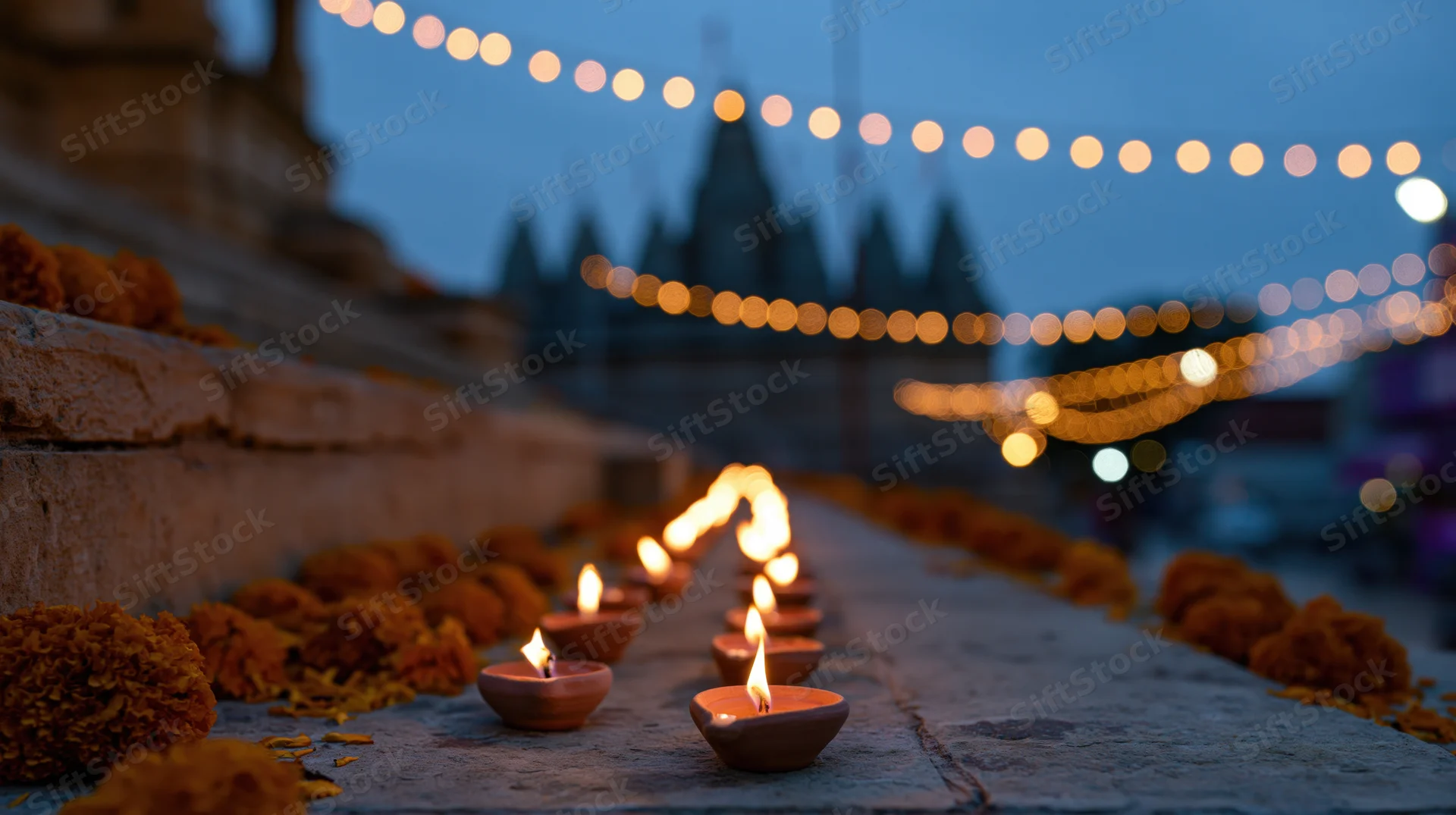 Clay diya oil lamps burning in a row on ancient stone temple steps at twilight, surrounded by marigold flowers and string lights in the background