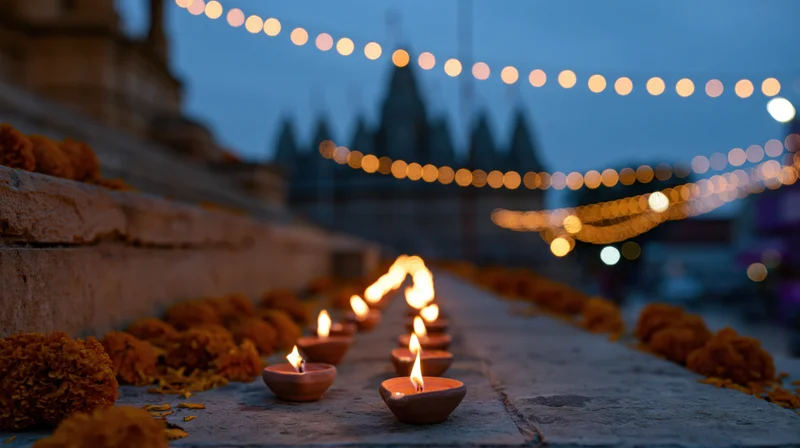 Clay diya oil lamps burning in a row on ancient stone temple steps at twilight, surrounded by marigold flowers and string lights in the background