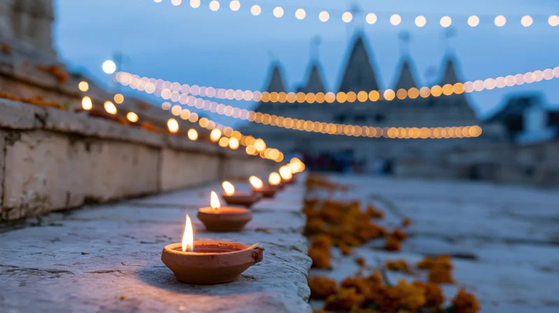 Clay diya oil lamps burning on ancient stone temple steps at twilight with string lights and marigold flowers