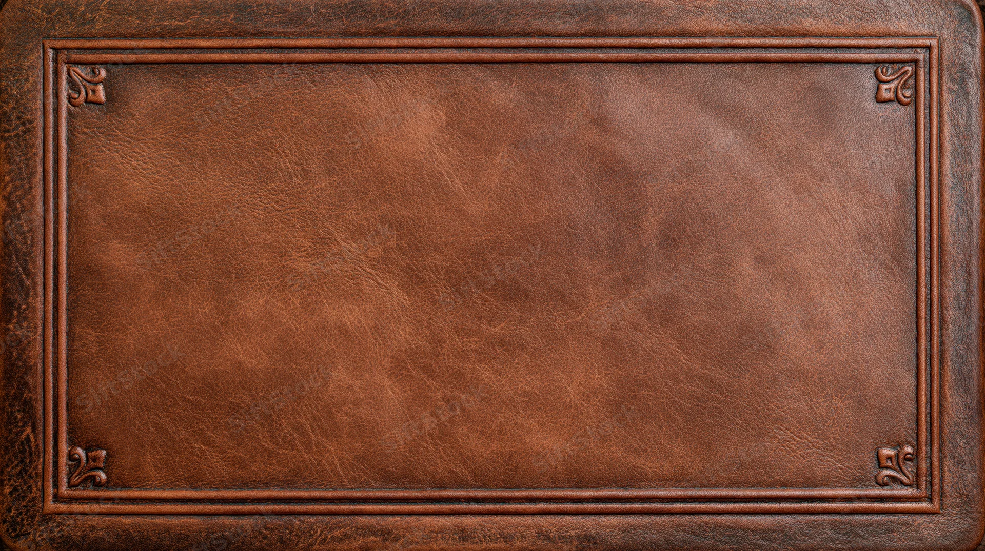 Aged brown leather surface with embossed border and decorative corners, flat lay view