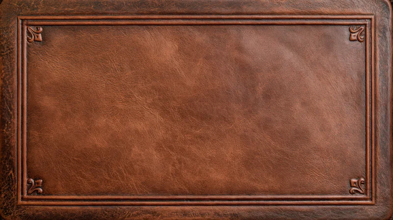 Aged brown leather surface with embossed border and decorative corners, flat lay view