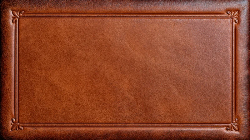 Close-up of aged brown leather surface with embossed frame and decorative corners