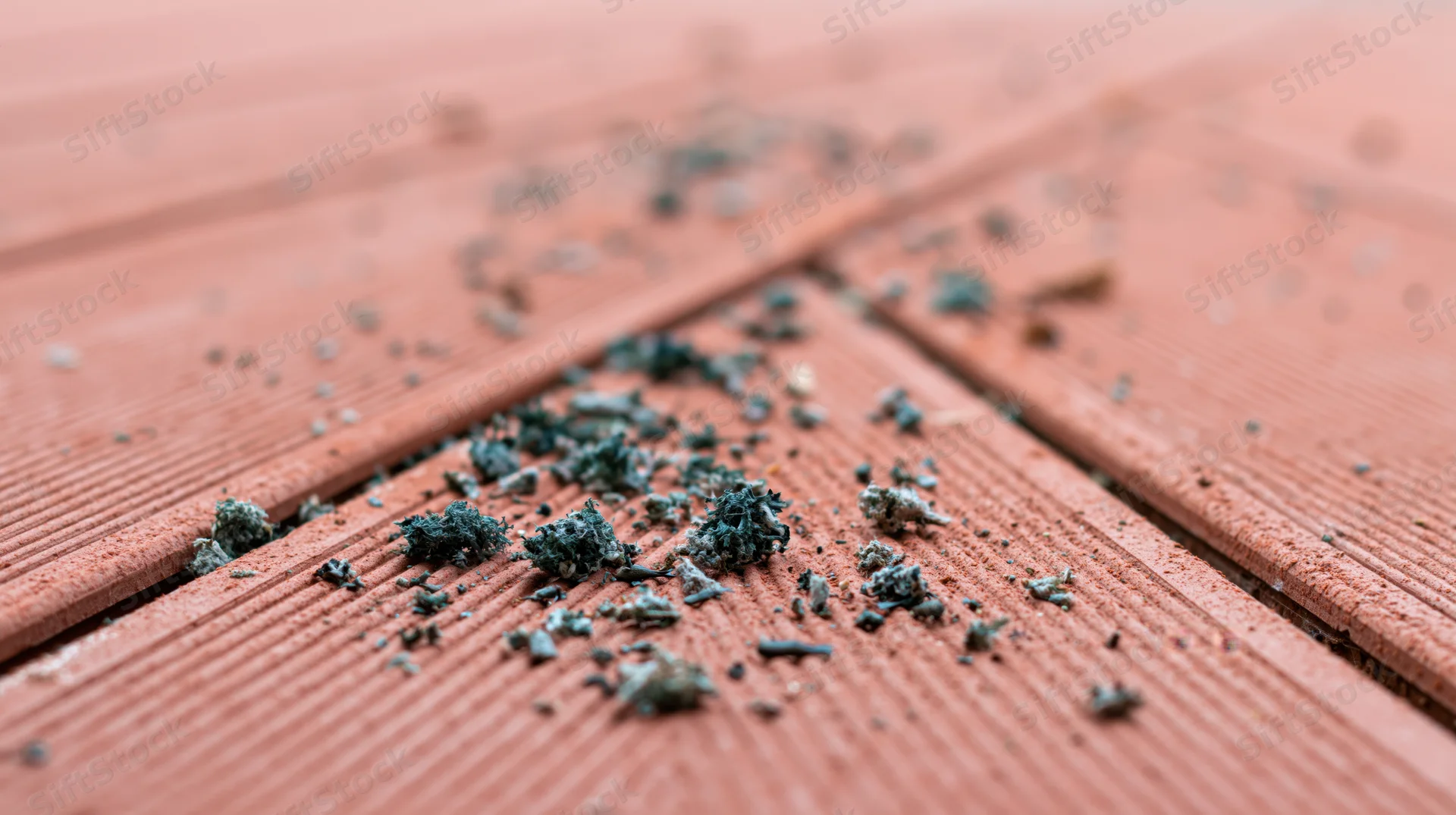 Dark green debris scattered across weathered composite decking planks at ground level