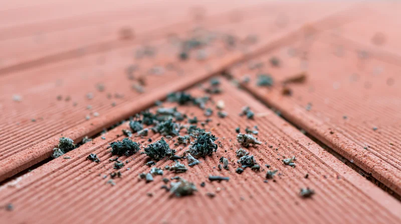 Dark green debris scattered across weathered composite decking planks at ground level