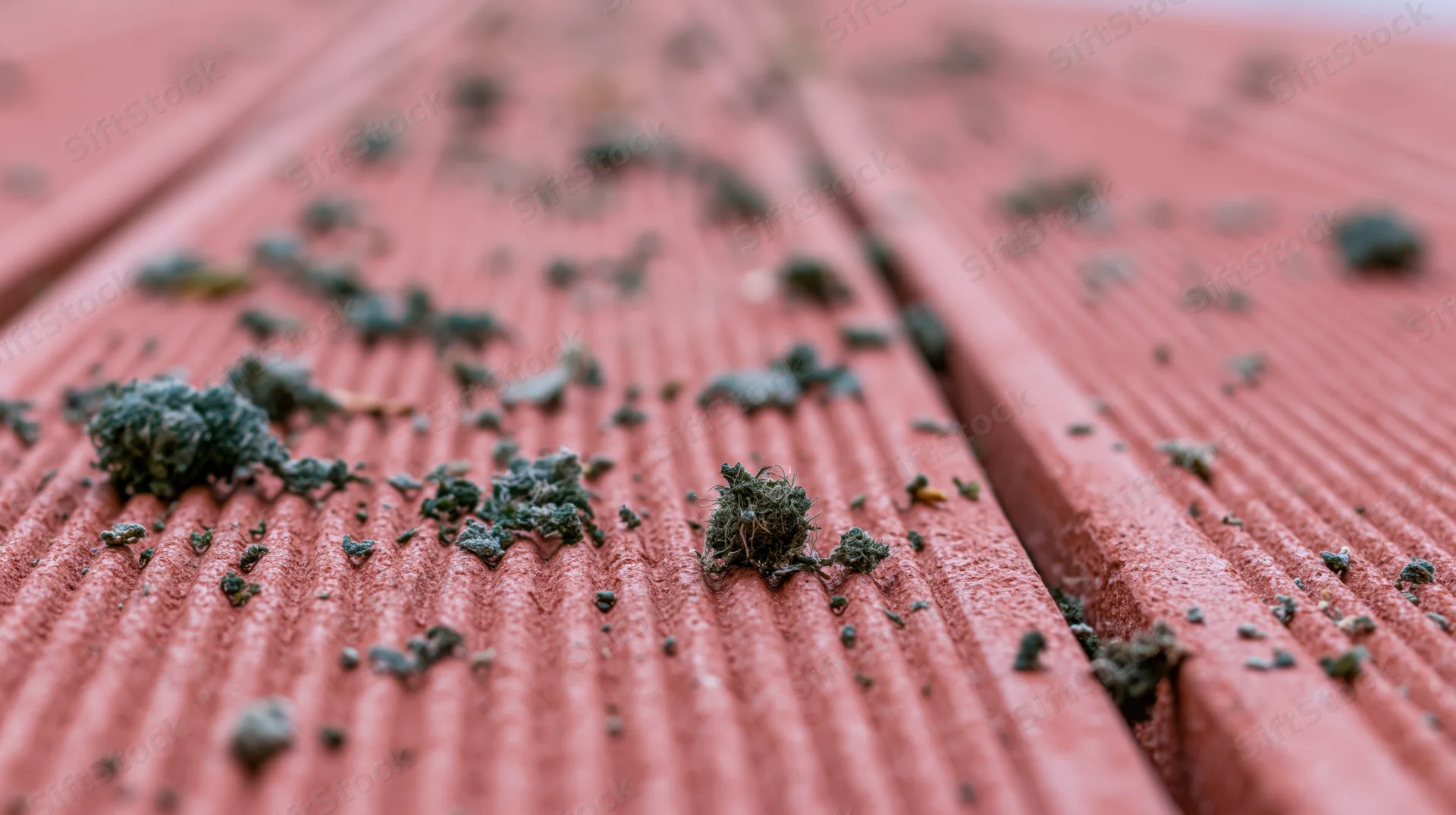 Close-up of moss growing on red composite deck boards outdoors