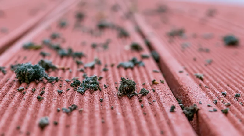 Close-up of moss growing on red composite deck boards outdoors