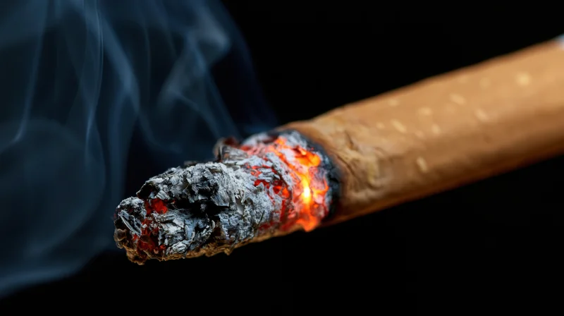 Lit cigarette tip with glowing ember and rising smoke against black background